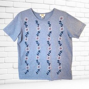 Talbots Small Floral Embroidered Top Cotton T-shirt Heather Blue